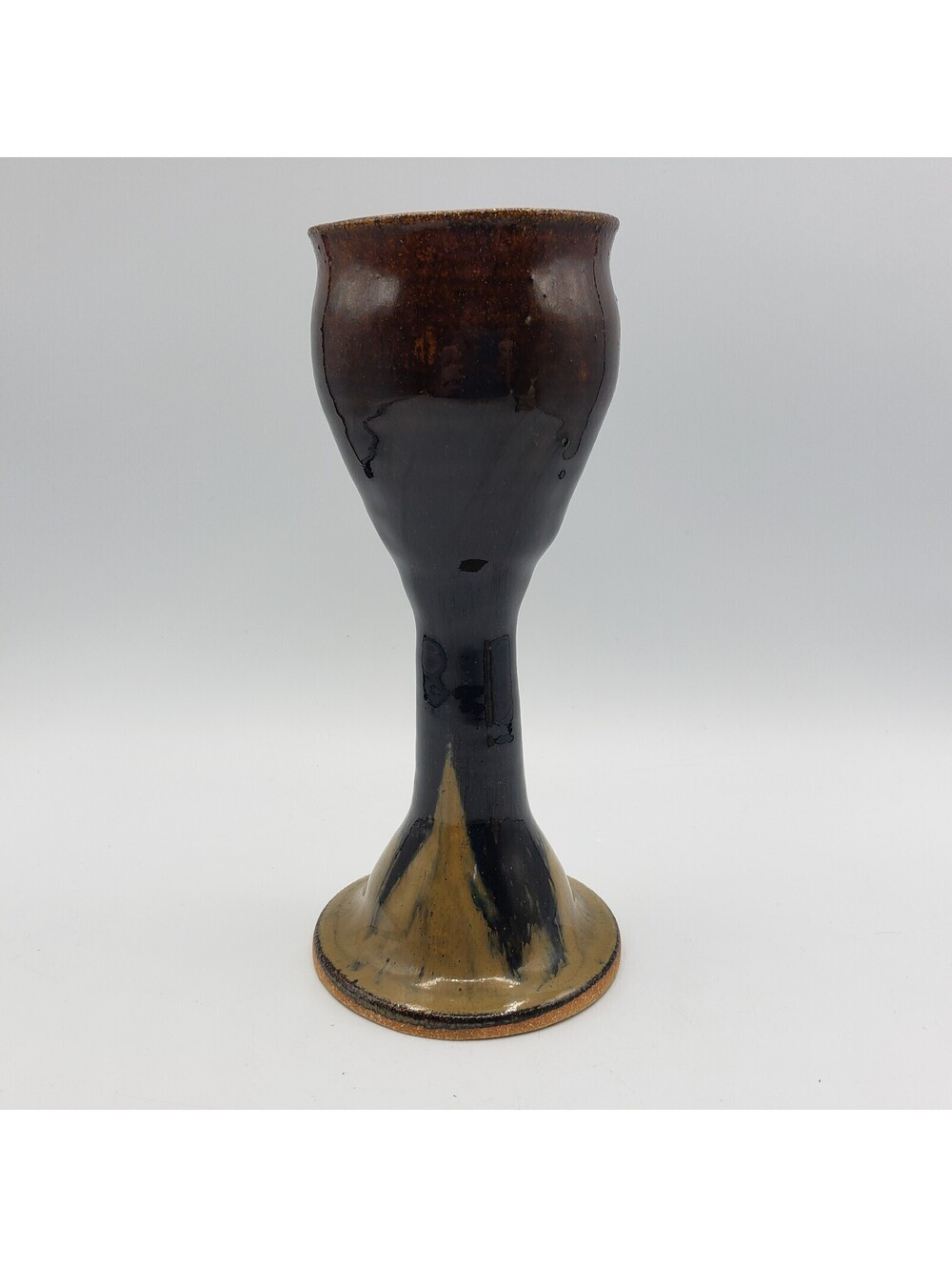 Jack Pott Art Pottery Hand Made Chalice Wine Glass Brown Drip Signed